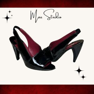 MAX STUDIO  'PEGGY' Black / Burgundy Leather Slingback Pumps w/embellishment EUC